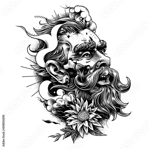A man with a beard and mustache is depicted in a black and white drawing. The man's face is surrounded by a flower, which adds a touch of nature to the artwork. Scene is somewhat mysterious