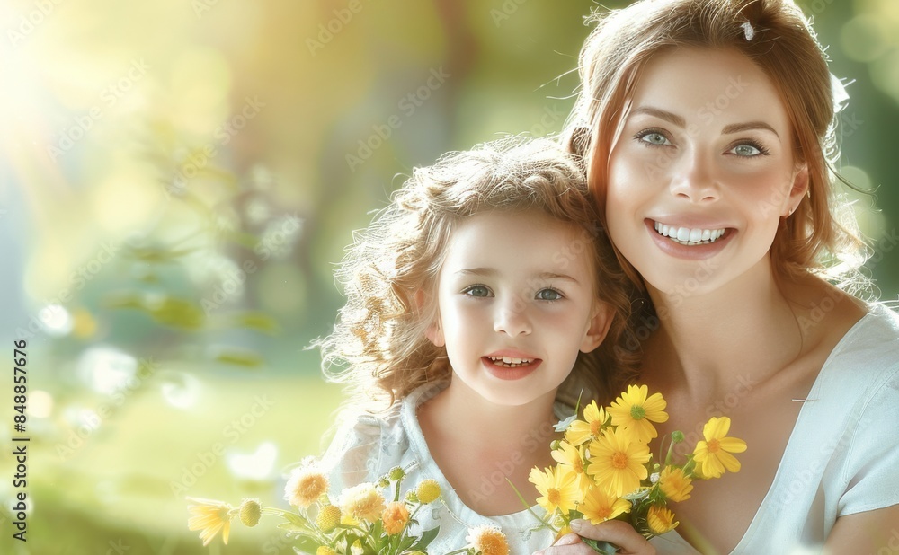 A woman and a child are smiling and holding flowers A woman and a child are smiling and holding flowers