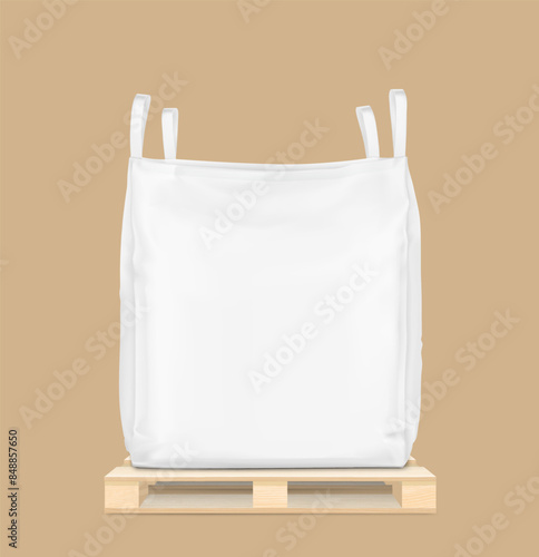 Flexible intermediate bulk container big bag on wooden pallet mockup. High realistic. Vector illustration on beige background. Ready for use in presentation, promo, advertising. EPS10.