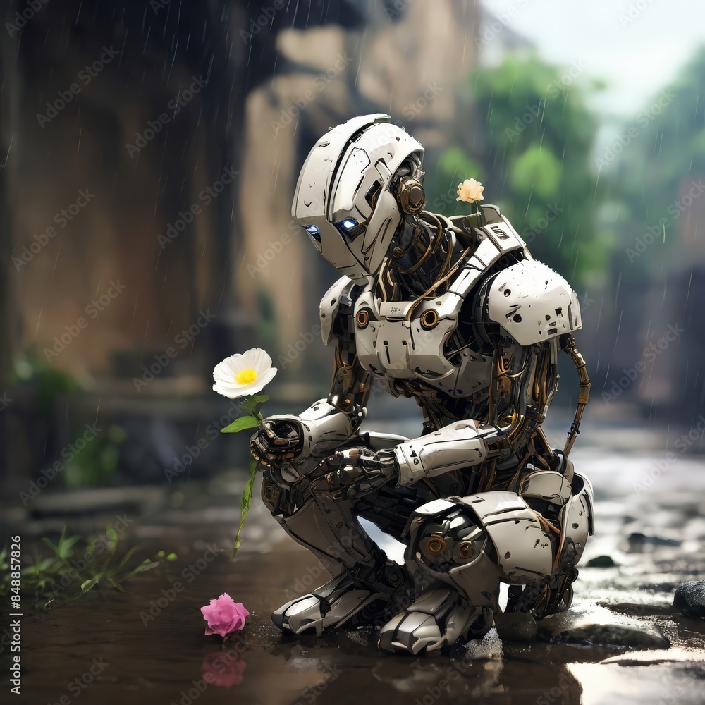 a robot sits in the rain with flowers in the background
a robot sits in the rain with flowers in the background
