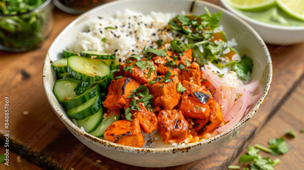 Chicken tikka masala bowl, served with rice and vegetables Chicken tikka masala bowl, served with rice and vegetables