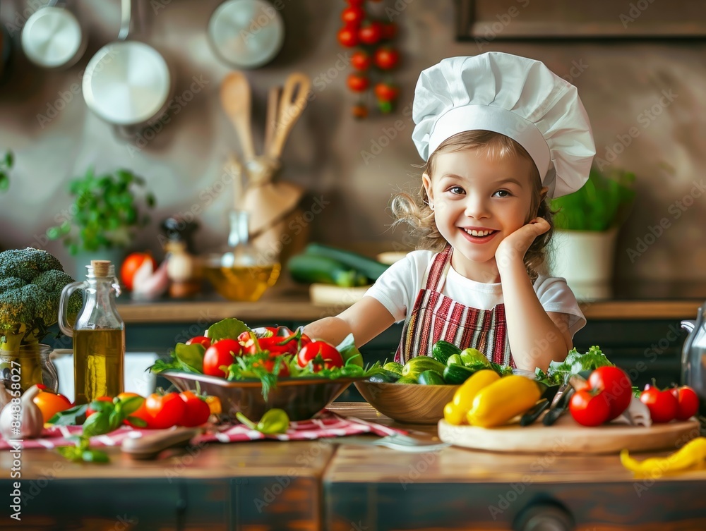 A young girl is sitting at a table with a bowl of salad in front of her A young girl is sitting at a table with a bowl of salad in front of her