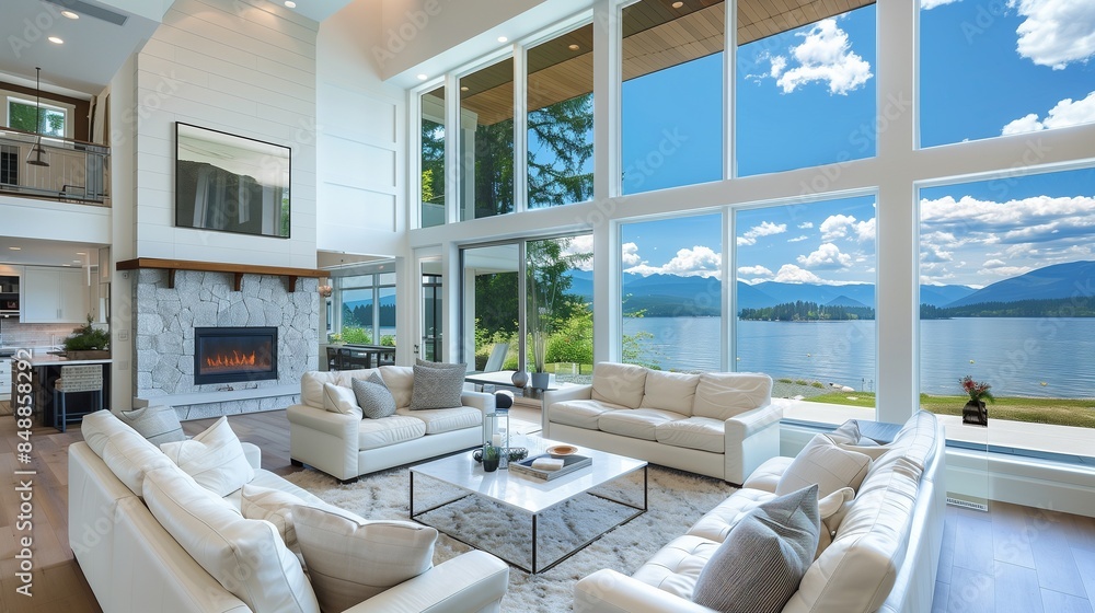 Naklejka premium large open living room with lake view floor to ceiling windows view granite fireplace white furnishings hardwood floor and white area rug