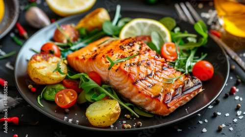 Grilled salmon fillet , fried potato and fresh vegetable green salad on a plate