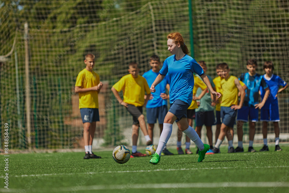 Obraz premium Athletic Training for Kids. Diverse group of children wear soccer uniforms and training on outdoor field. Concept of sport, school, childhood, hobby, active lifestyle
