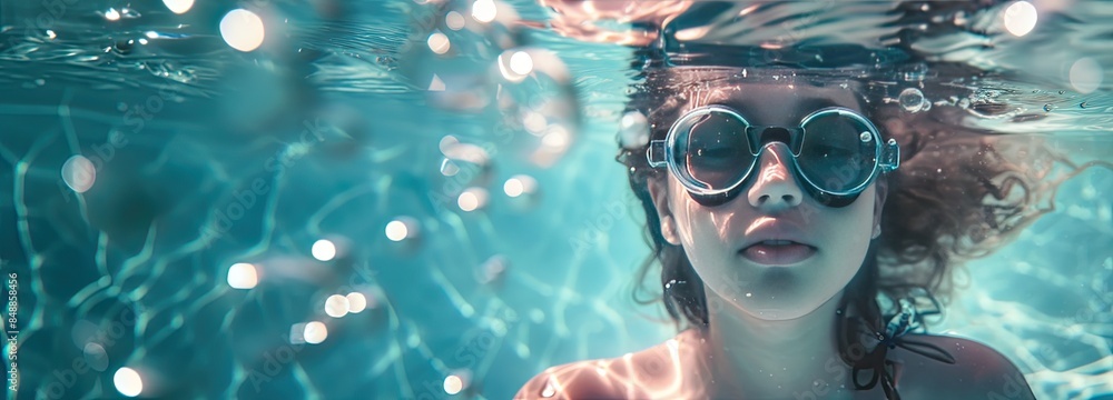 Naklejka premium Cinematic Wide Shot of Young Girl Wearing Goggles Underwater with Natural Light, Depth of Field, and Bokeh Effects