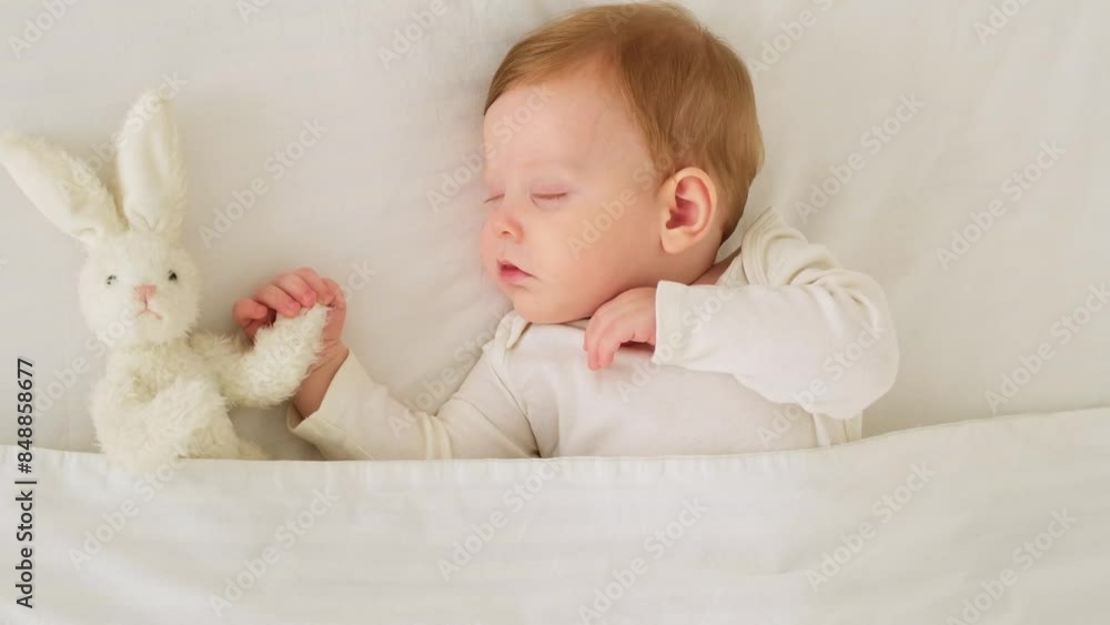 A baby boy sleeps under a blanket in a white bodysuit on the bed with his hand folded under his cheek and holding a soft toy, a sweet healthy baby sleep at home A baby boy sleeps under a blanket in a white bodysuit on the bed with his hand folded under his cheek and holding a soft toy, a sweet healthy baby sleep at home