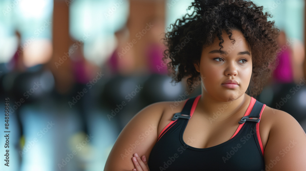 Confident Plus Size Woman in Gym Attire Standing with Arms Crossed, Ready for Workout. Confident Plus Size Woman in Gym Attire Standing with Arms Crossed, Ready for Workout.