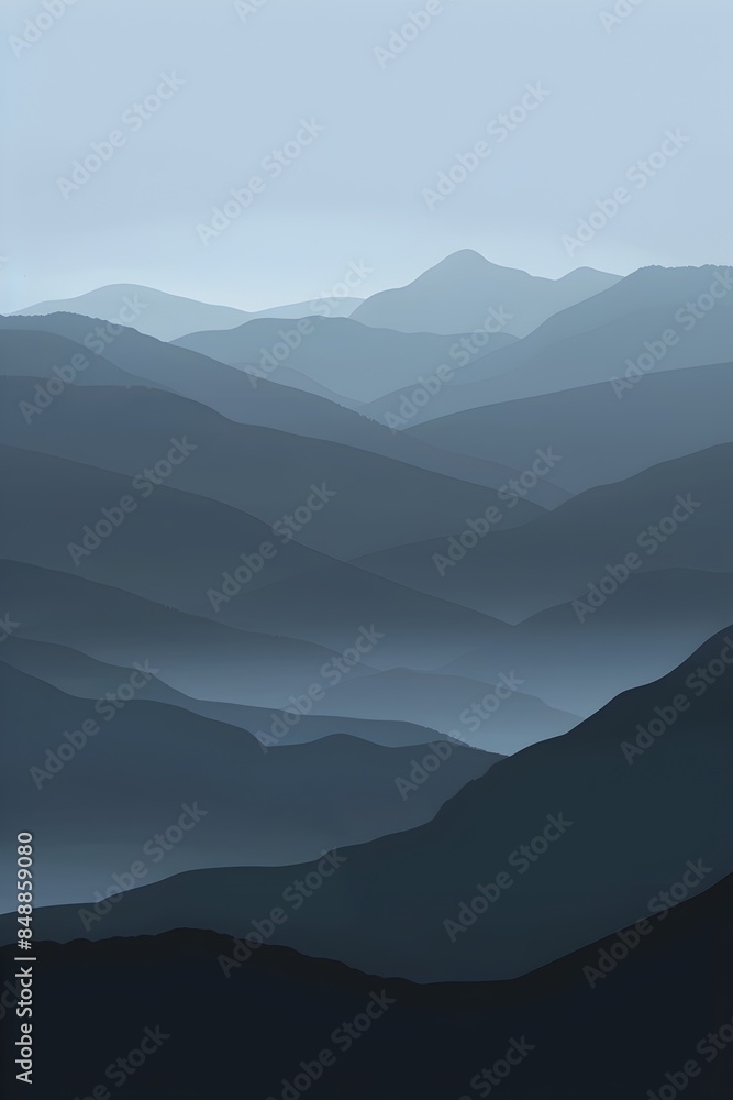 Fototapeta premium Ethereal Gradient Landscape Moody Mountain Silhouettes in Atmospheric Haze and Texture