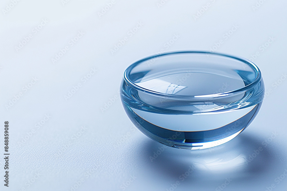 Glass transparent blue lens on white floor. Generated by artificial intelligence Glass transparent blue lens on white floor. Generated by artificial intelligence