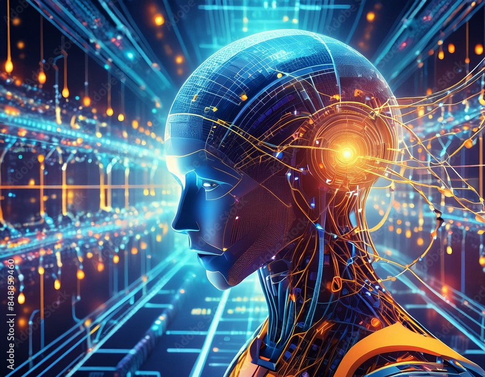 Illustration eines maschinellen Lernprozesses mit künstlicher Intelligenz, tiefem Data Mining und maschinellem Lernen als Komponenten moderner Computertechnologiekonzepte, dargestellt in einer 3D-Rend Illustration eines maschinellen Lernprozesses mit künstlicher Intelligenz, tiefem Data Mining und maschinellem Lernen als Komponenten moderner Computertechnologiekonzepte, dargestellt in einer 3D-Rend
