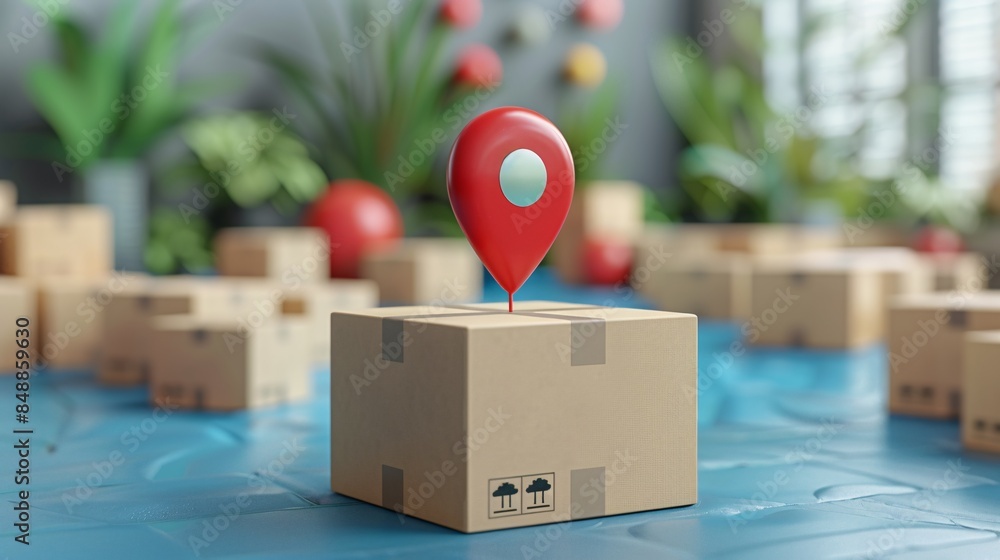 custom made wallpaper toronto digitalCardboard boxes with a red location pin, representing delivery logistics and shipping services in a warehouse setting. 3D Illustration.