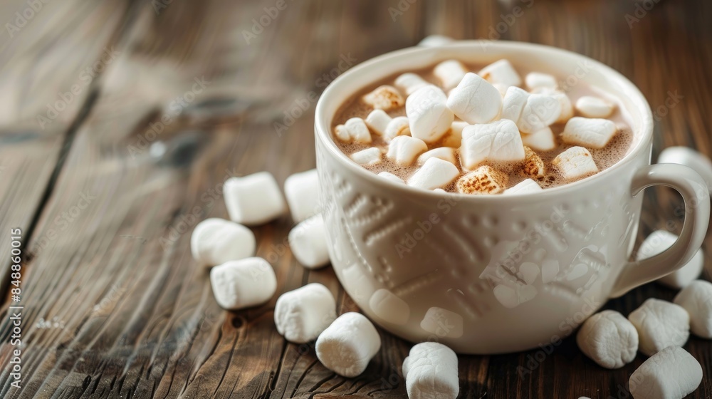Close up image of a white cup filled with hot cocoa and marshmallows on a wooden table Close up image of a white cup filled with hot cocoa and marshmallows on a wooden table
