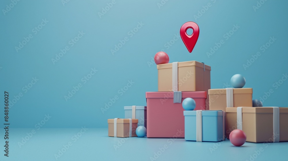 Colorful delivery packages with a location pin on a blue background, symbolizing logistics and shipping services. 3D Illustration. Colorful delivery packages with a location pin on a blue background, symbolizing logistics and shipping services. 3D Illustration.