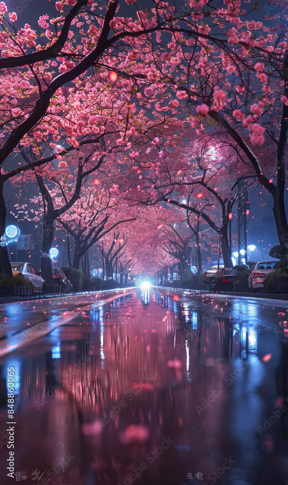 Obraz premium Thousands of trees are blooming in the easterly night, and the stars are raining down. thoroughbred horses carved cars are fragrant all over the road. generative ai