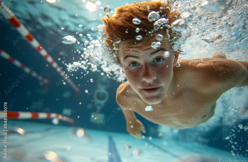 A young man is swimming in a pool with his head above the water A young man is swimming in a pool with his head above the water