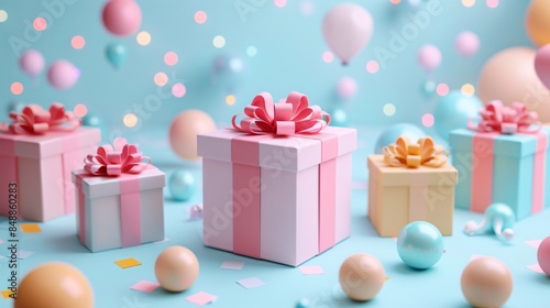 Colorful gift boxes with ribbons and bows on a pastel background. Perfect for celebrations, birthdays, or special occasions. 3D Illustration. © Tackey