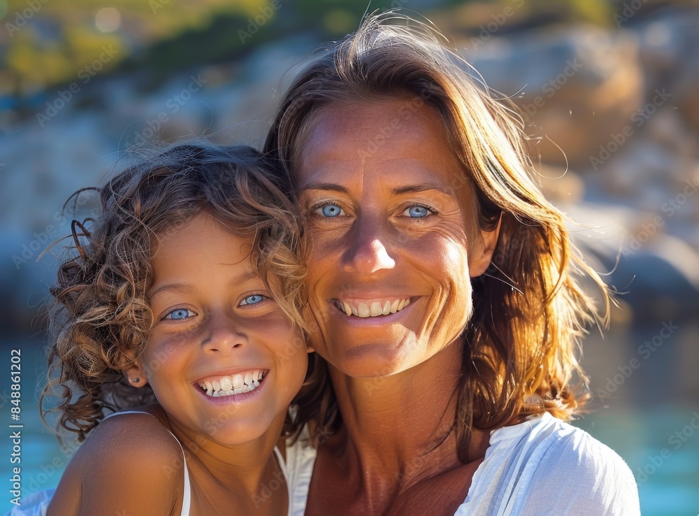 A woman and a child are smiling at the camera A woman and a child are smiling at the camera