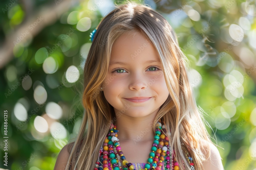 A young girl with long blonde hair is wearing a colorful necklace and smiling A young girl with long blonde hair is wearing a colorful necklace and smiling