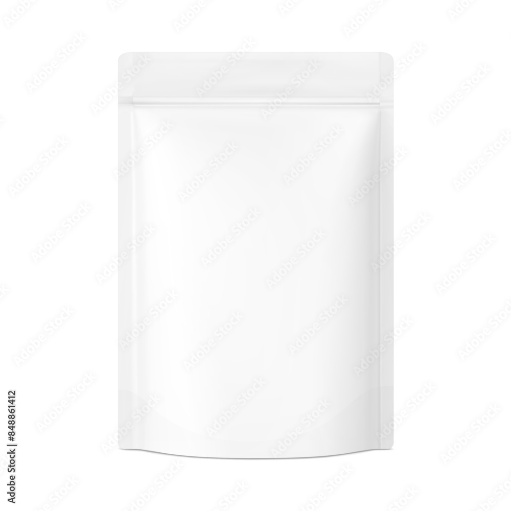 Realistic stand up pouch bag with zip lock mockup with transparent shadow. Front view. Vector illustration isolated on white background. Ready for your design. EPS10. Realistic stand up pouch bag with zip lock mockup with transparent shadow. Front view. Vector illustration isolated on white background. Ready for your design. EPS10.