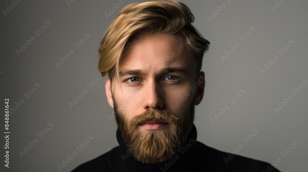 Blond Bearded Man with Goatee Posing in Studio against Gray Backdrop Blond Bearded Man with Goatee Posing in Studio against Gray Backdrop
