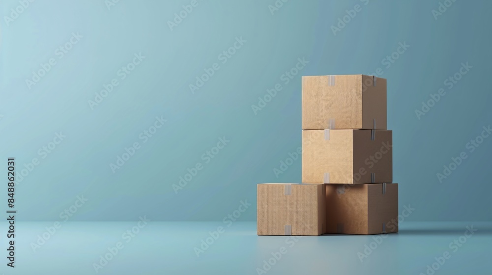 Obraz premium Stack of cardboard boxes on a blue background. Concept of storage, shipping, moving, and organization. 3D Illustration.