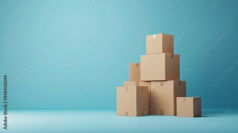 Stack of cardboard boxes on a blue background, representing shipping, packing, and moving concepts in a minimalistic style. 3D Illustration. Stack of cardboard boxes on a blue background, representing shipping, packing, and moving concepts in a minimalistic style. 3D Illustration.