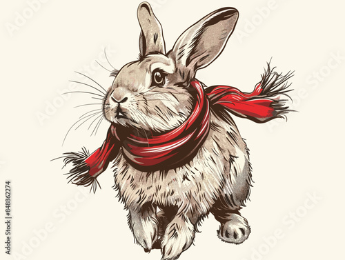 cute hare in a red scarf runs skipping on a white background vector illustration