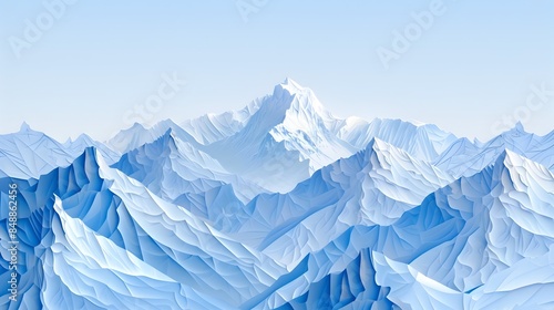 Majestic Snow Capped Mountain Peaks Under Clear Blue Sky in Minimalist Paper Cut Style © CYBERUSS