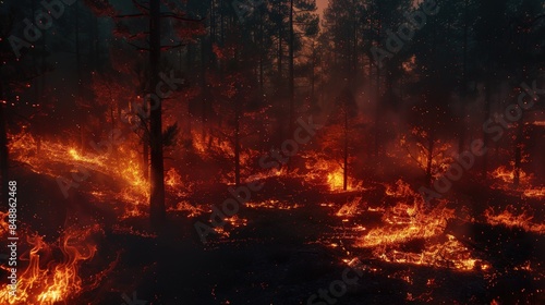 A raging wildfire consumes a vast forest at night, casting eerie shadows and illuminating the sky with a menacing glow, a devastating natural disaster. © Sittipol 