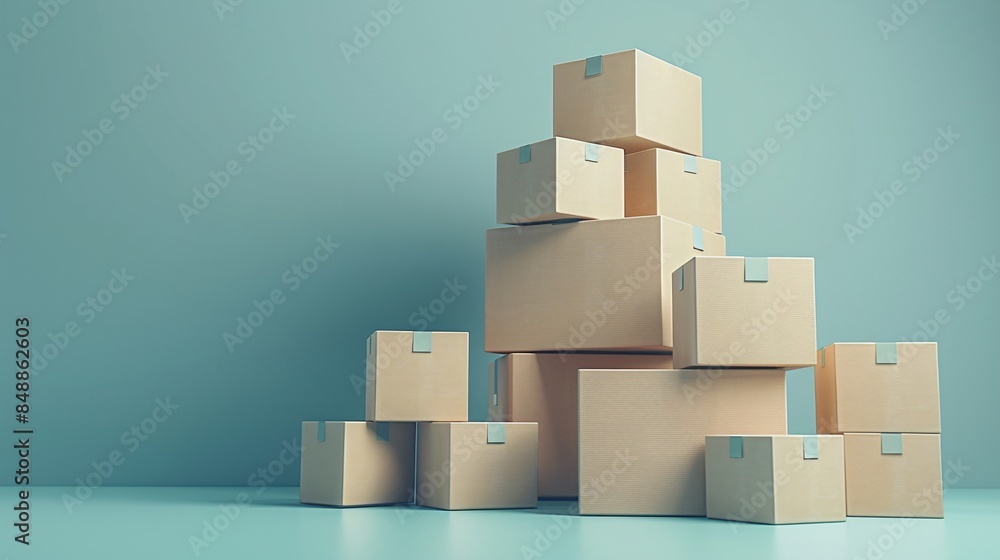 Stacked cardboard boxes in varied sizes on a blue background, symbolizing shipping, storage, and moving supplies. 3D Illustration. Stacked cardboard boxes in varied sizes on a blue background, symbolizing shipping, storage, and moving supplies. 3D Illustration.
