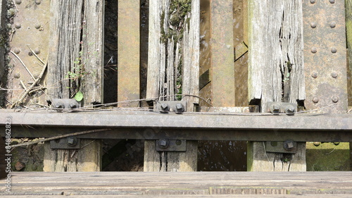 Obraz na plátně Primo piano del binario ferroviario non in uso, con traversine di legno marce