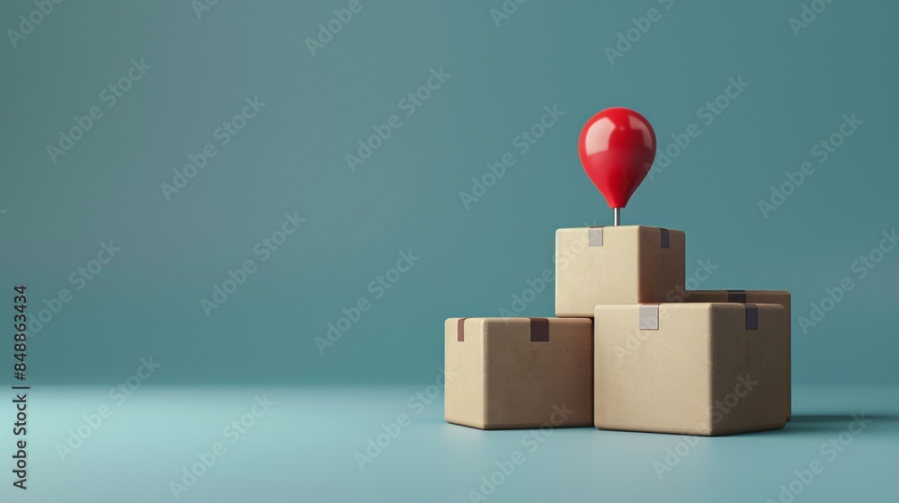Three cardboard boxes with a red balloon on top, isolated on a blue background. Concept of delivery, surprise, or special occasion. 3D Illustration. Three cardboard boxes with a red balloon on top, isolated on a blue background. Concept of delivery, surprise, or special occasion. 3D Illustration.