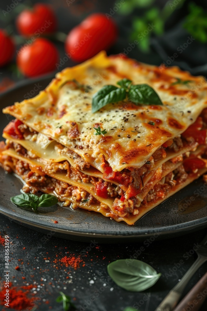 A plate of lasagna with basil and pepper on top A plate of lasagna with basil and pepper on top