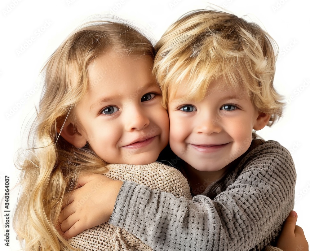 Two young children are hugging each other, both wearing grey sweaters Two young children are hugging each other, both wearing grey sweaters