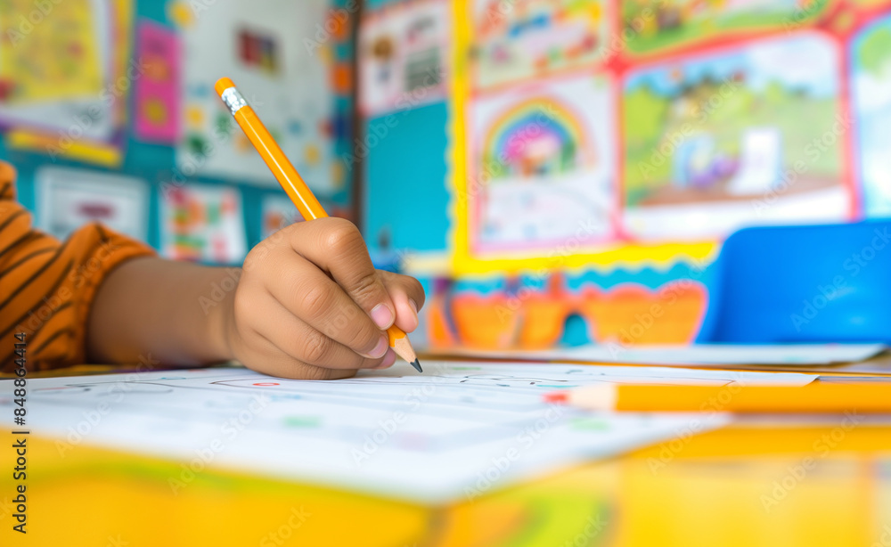 Child's hand holding a pencil and writing in a colorful classroom. Child's hand holding a pencil and writing in a colorful classroom.