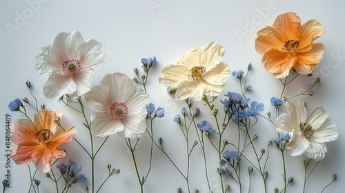 Pressed flower on a white background, cottage core, boho. Generative AI.