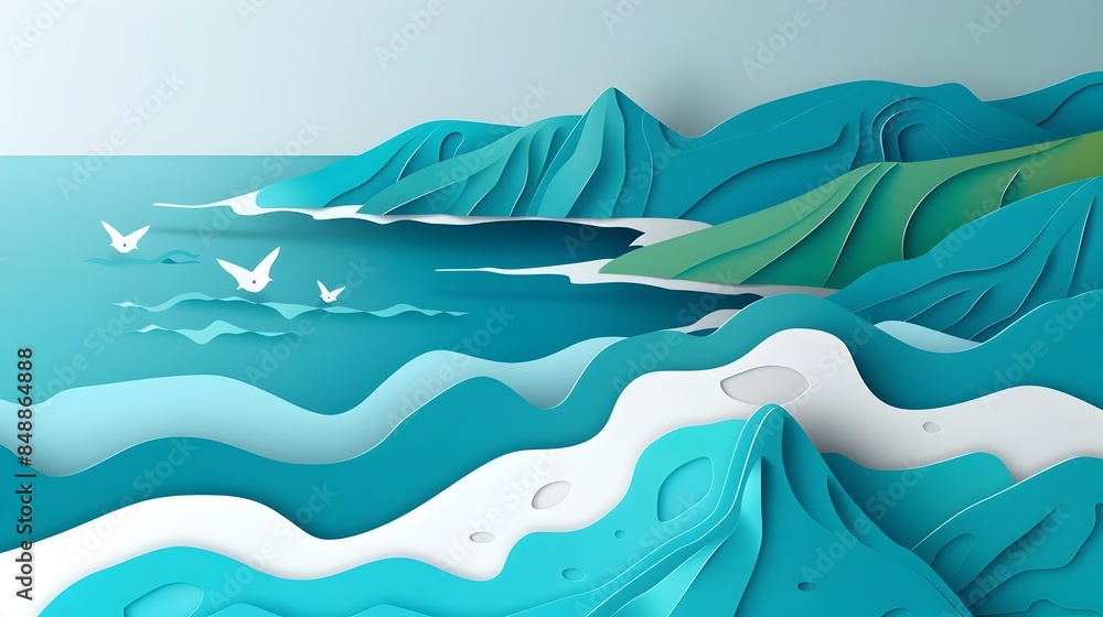 Picturesque Turquoise Coastline with Rugged Cliffs in Minimal Paper Cut Style Picturesque Turquoise Coastline with Rugged Cliffs in Minimal Paper Cut Style