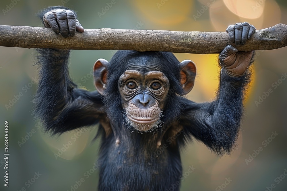 Obraz premium Baby Chimpanzee: A curious baby chimpanzee, hanging from a tree branch by one arm, with a mischievous expression.