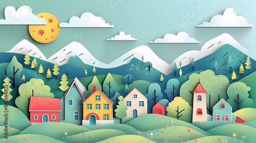 Picturesque mountain village with charming cottages in a serene paper cut style © CYBERUSS