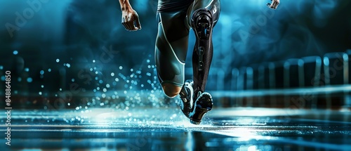 Athlete running on wet surface with prosthetic leg under neon lights, showcasing sports technology and determination. photo