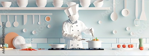 Professional Chef Preparing Gourmet Meal in Minimalist Paper Cut Kitchen photo