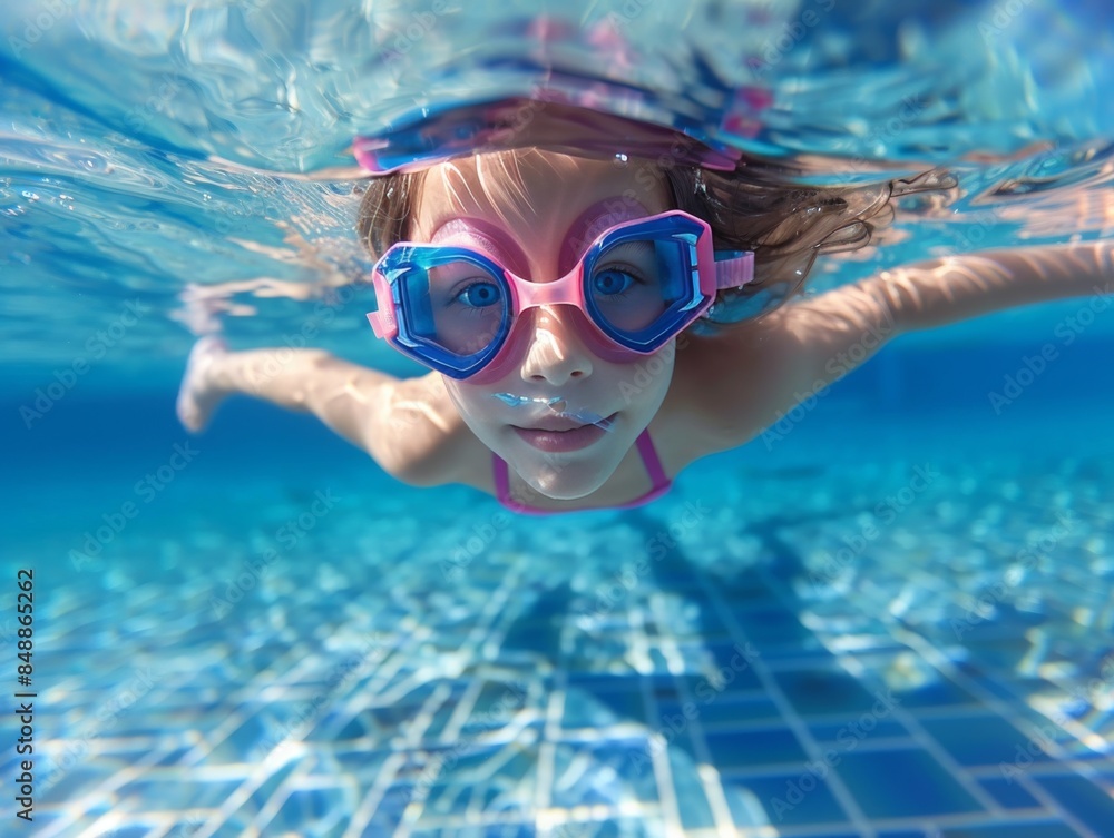 Naklejka premium A young girl is swimming in a pool wearing goggles