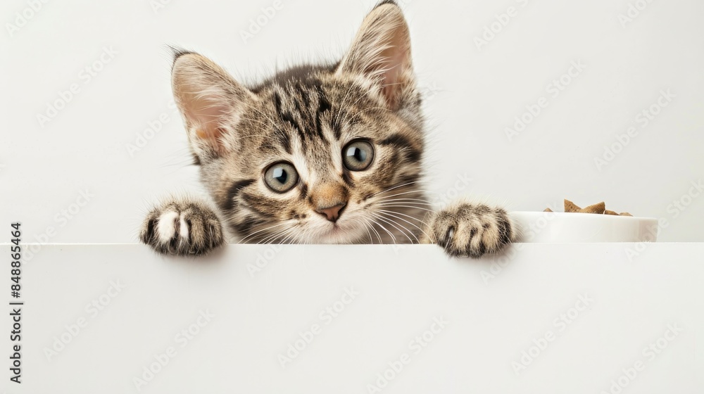 A small cat holds a dish of food over a blank white sign in a picture with isolated background A small cat holds a dish of food over a blank white sign in a picture with isolated background