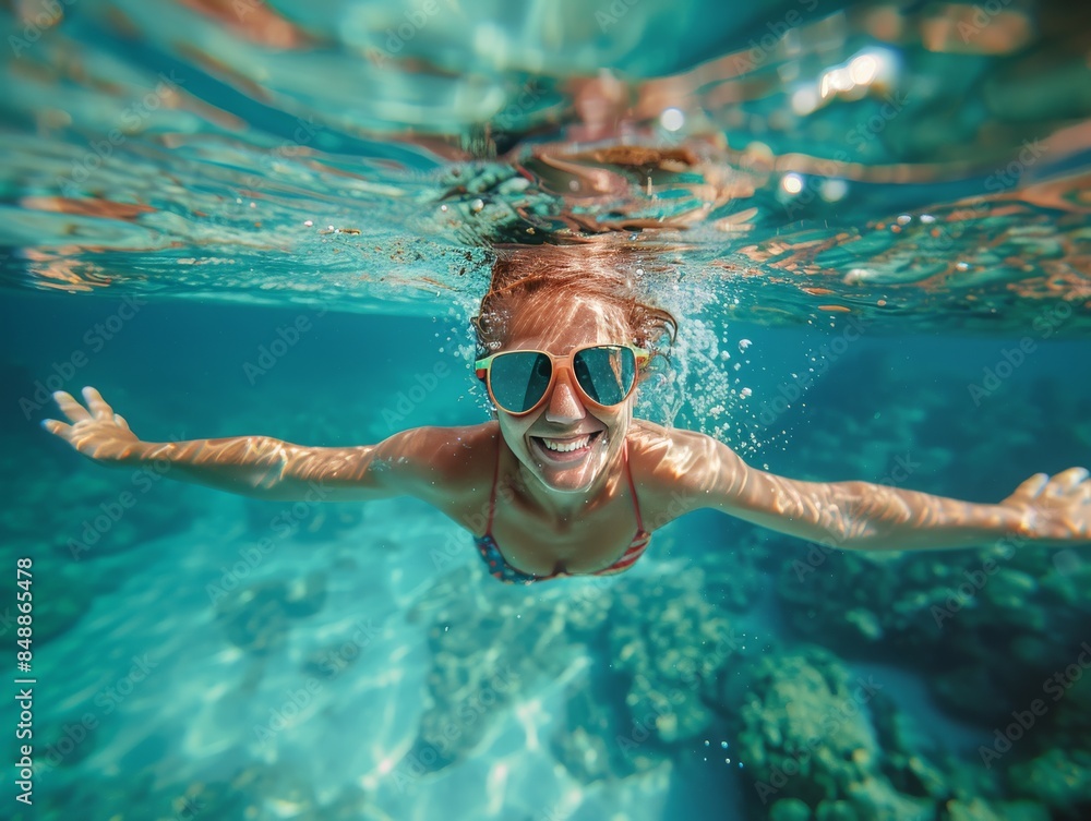 Fototapeta premium A woman is swimming in the ocean with her arms outstretched