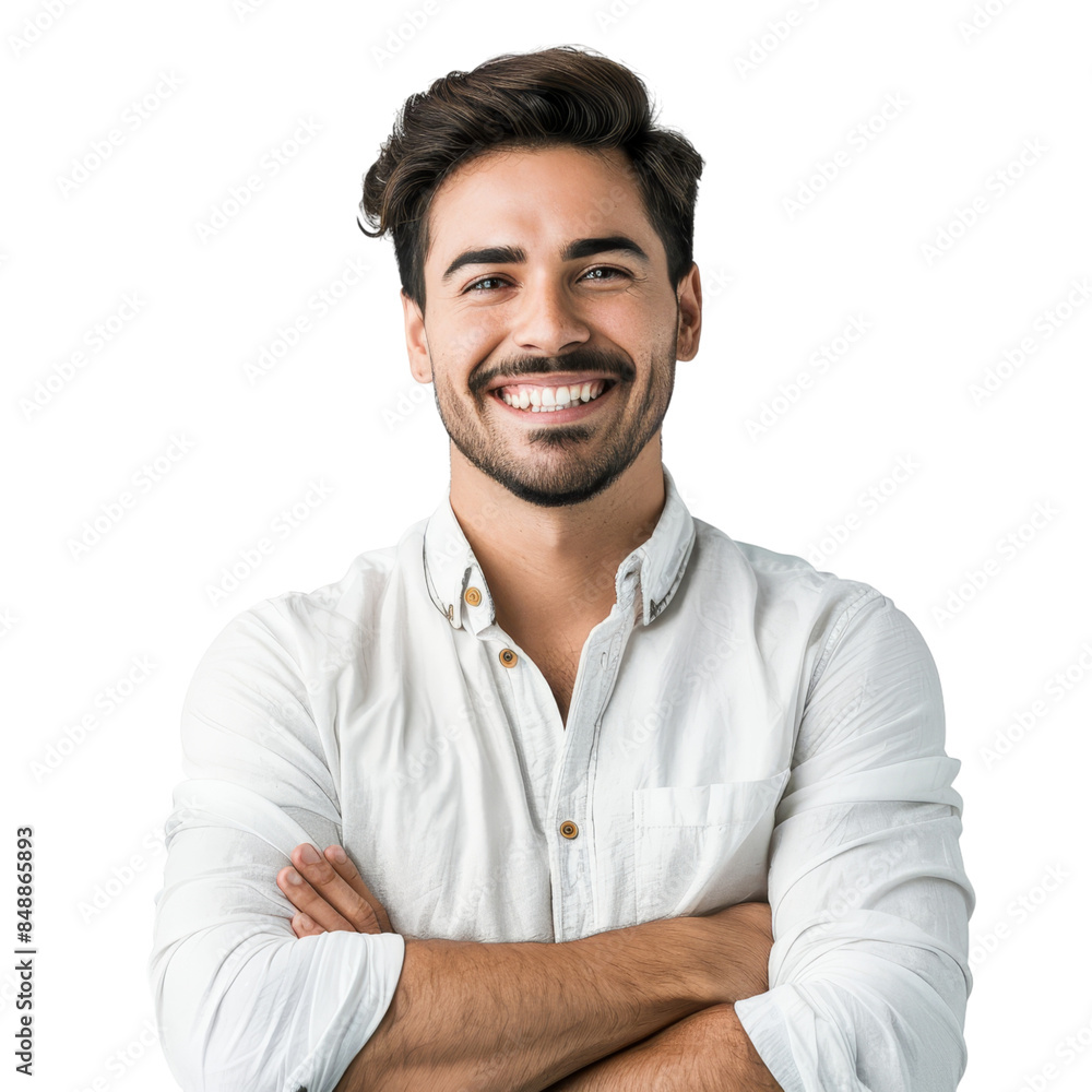 Smiling man in white shirt isolated on transparent background, suitable for marketing materials, customer service promotions, and corporate branding Smiling man in white shirt isolated on transparent background, suitable for marketing materials, customer service promotions, and corporate branding