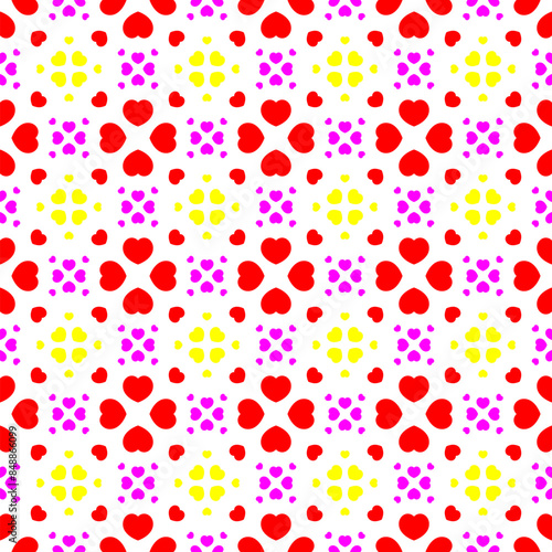 Seamless pattern created by tri color of hearts set to flower pattern in pop style