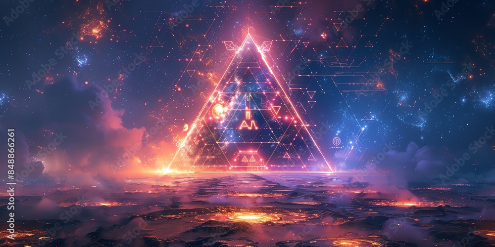 A triangle, mystical design inspired by the I Ching, with ancient Chinese symbols and hexagrams. surrounded by an intricate pattern of trigrams. The background is a gradient of deep blues and purples A triangle, mystical design inspired by the I Ching, with ancient Chinese symbols and hexagrams. surrounded by an intricate pattern of trigrams. The background is a gradient of deep blues and purples