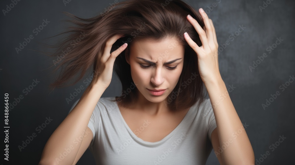 woman very sad and upset looking at damaged hair, hair loss, hair thinning problem, vitamin deficiency, baldness, postpartum, biotin, zinc, menstrual or endocrine disorders, hormonal imbalance woman very sad and upset looking at damaged hair, hair loss, hair thinning problem, vitamin deficiency, baldness, postpartum, biotin, zinc, menstrual or endocrine disorders, hormonal imbalance