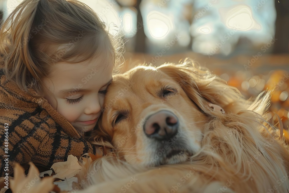A young girl hugs a golden retriever in an autumn park, surrounded by fallen leaves. They share a moment of warmth and companionship. A young girl hugs a golden retriever in an autumn park, surrounded by fallen leaves. They share a moment of warmth and companionship.